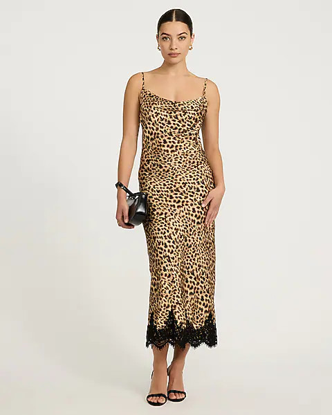 Leopard Cowl Neck Lace Trim Slip Maxi Sheath Dress | Express