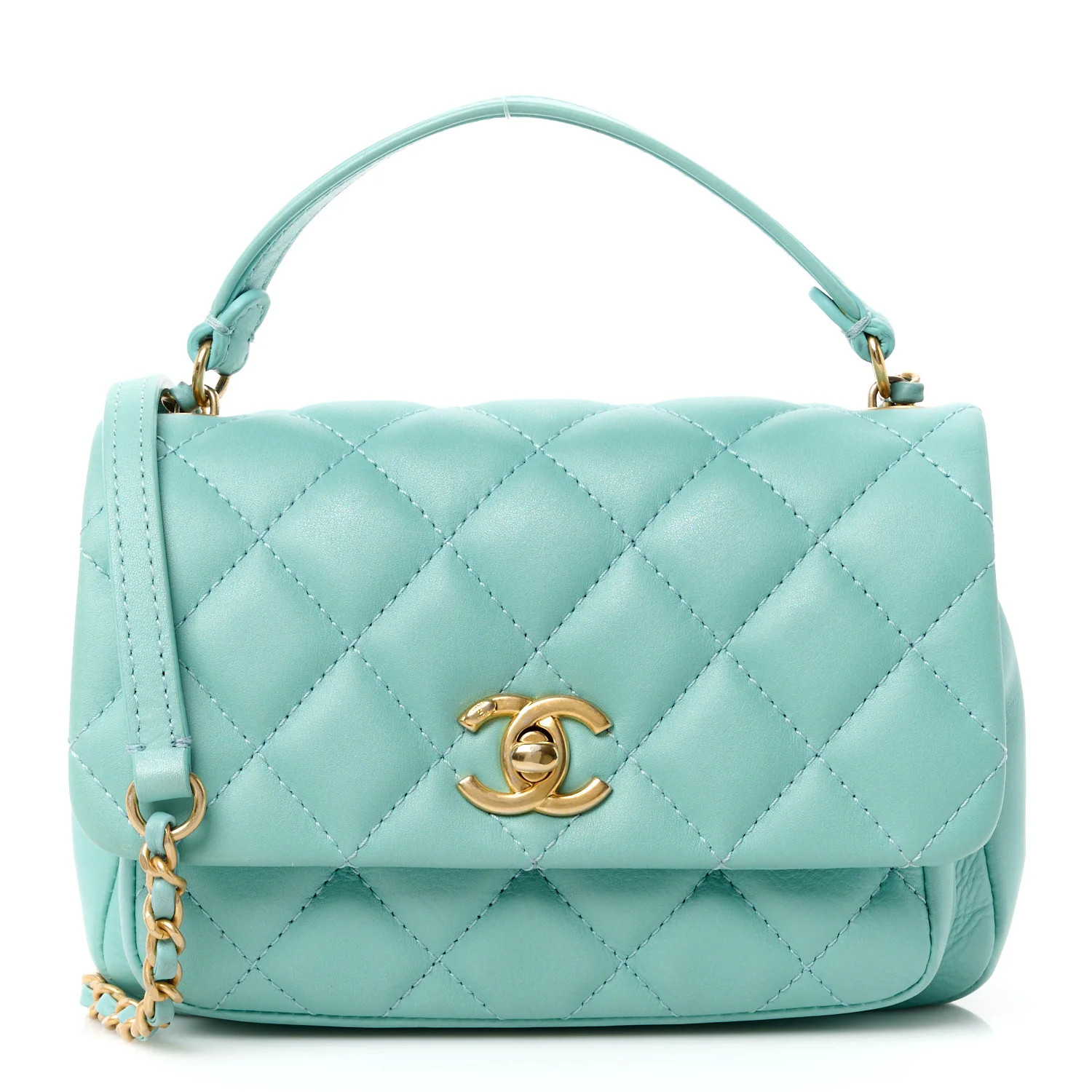 Calfskin Quilted Top Handle Flap Light Blue | FASHIONPHILE (US)