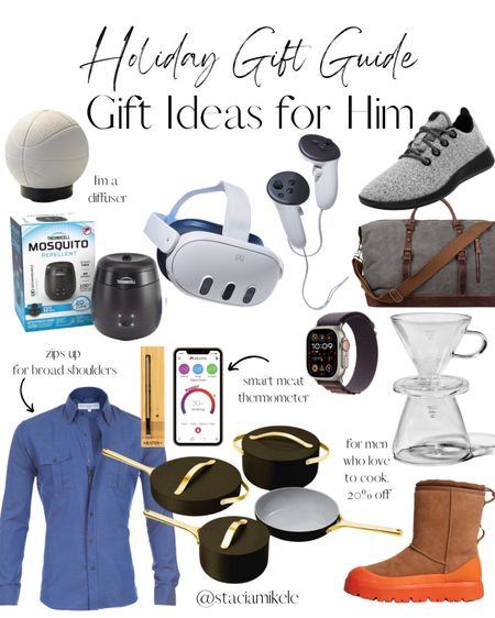 Holiday gift ideas for him, including the following:

Basketball diffuser 

Thermacell - Rechargeable bug repellant 

Teddy Stratford button-up shirts, that have a hidden zipper, so no pulling, for men with broad chests

Meta Quest 3- 512GB

Smart Meat Thermometer

Apple Watch Ultra 2 - Rugged Edition

Caraway Pots and Pans in Black 

All Birds- Wool Shoe

Travel Bag - under $50

Glass Coffee Dripper Set

#LTKGiftGuide #LTKHoliday