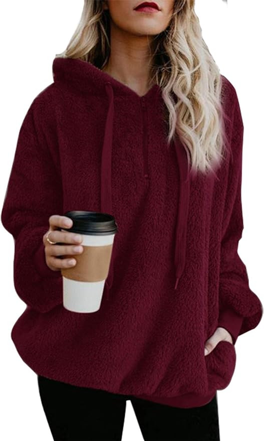 ReachMe Womens Oversized Sherpa Pullover Hoodie with Pockets Fuzzy Fleece Sweatshirt Plaid Fluffy... | Amazon (US)