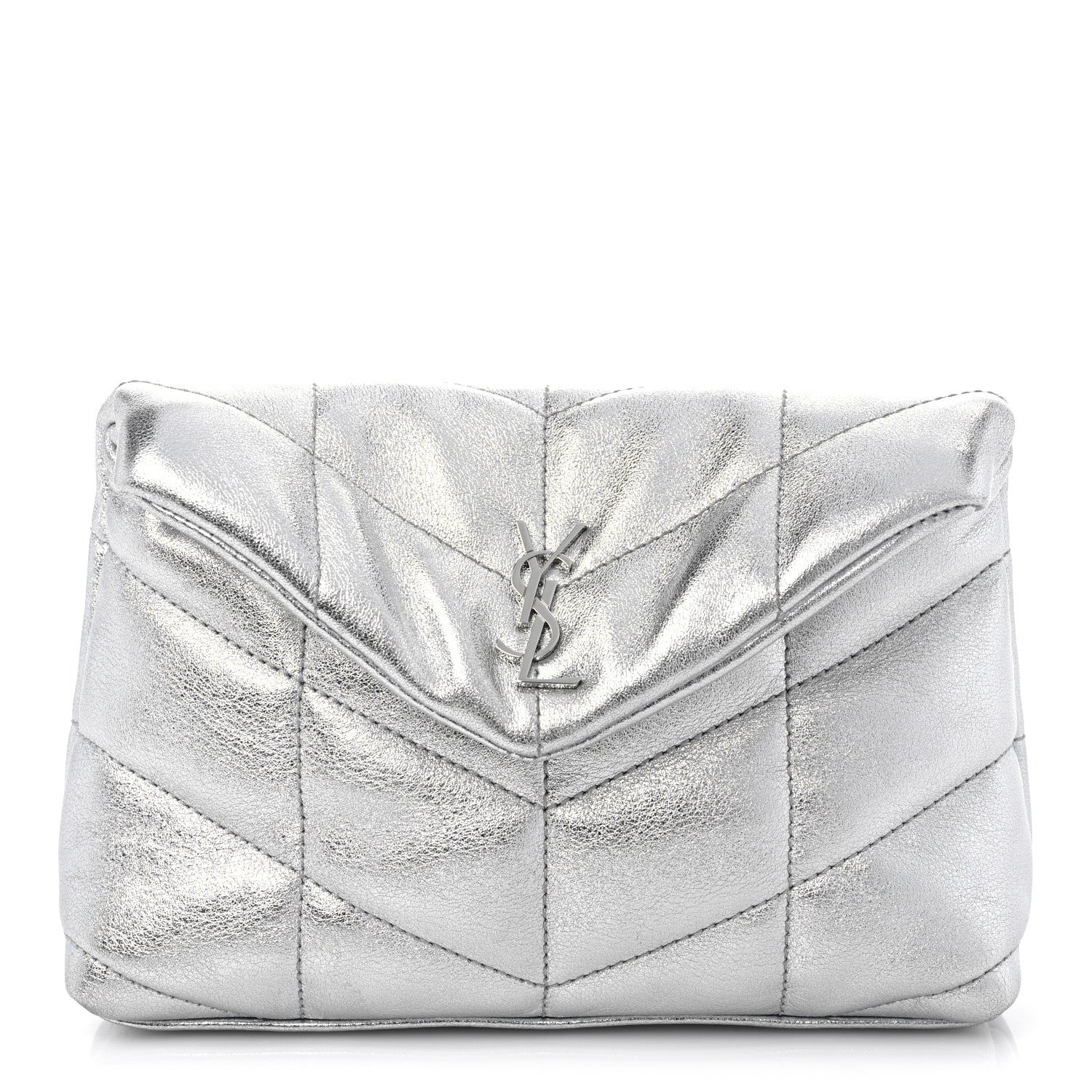 SAINT LAURENT Metallic Lambskin Monogram Loulou Puffer Pouch Clutch Silver | FASHIONPHILE (US)