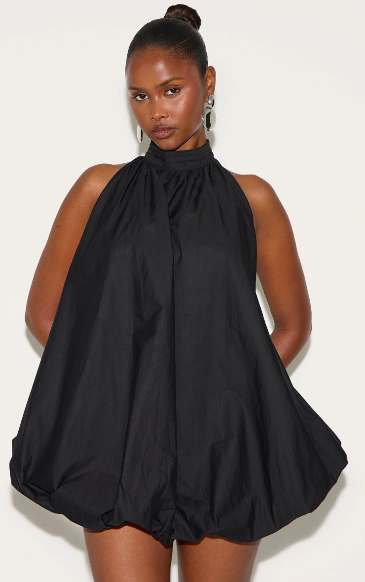 Black Halter Neck Puff Ball Mini Dress | PrettyLittleThing US