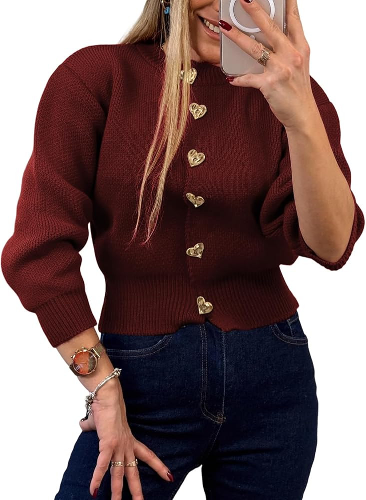 Women’s Knit Cardigan Sweater with Heart Buttons, Casual Button Down Knitwear Long Sleeve Cropp... | Amazon (US)
