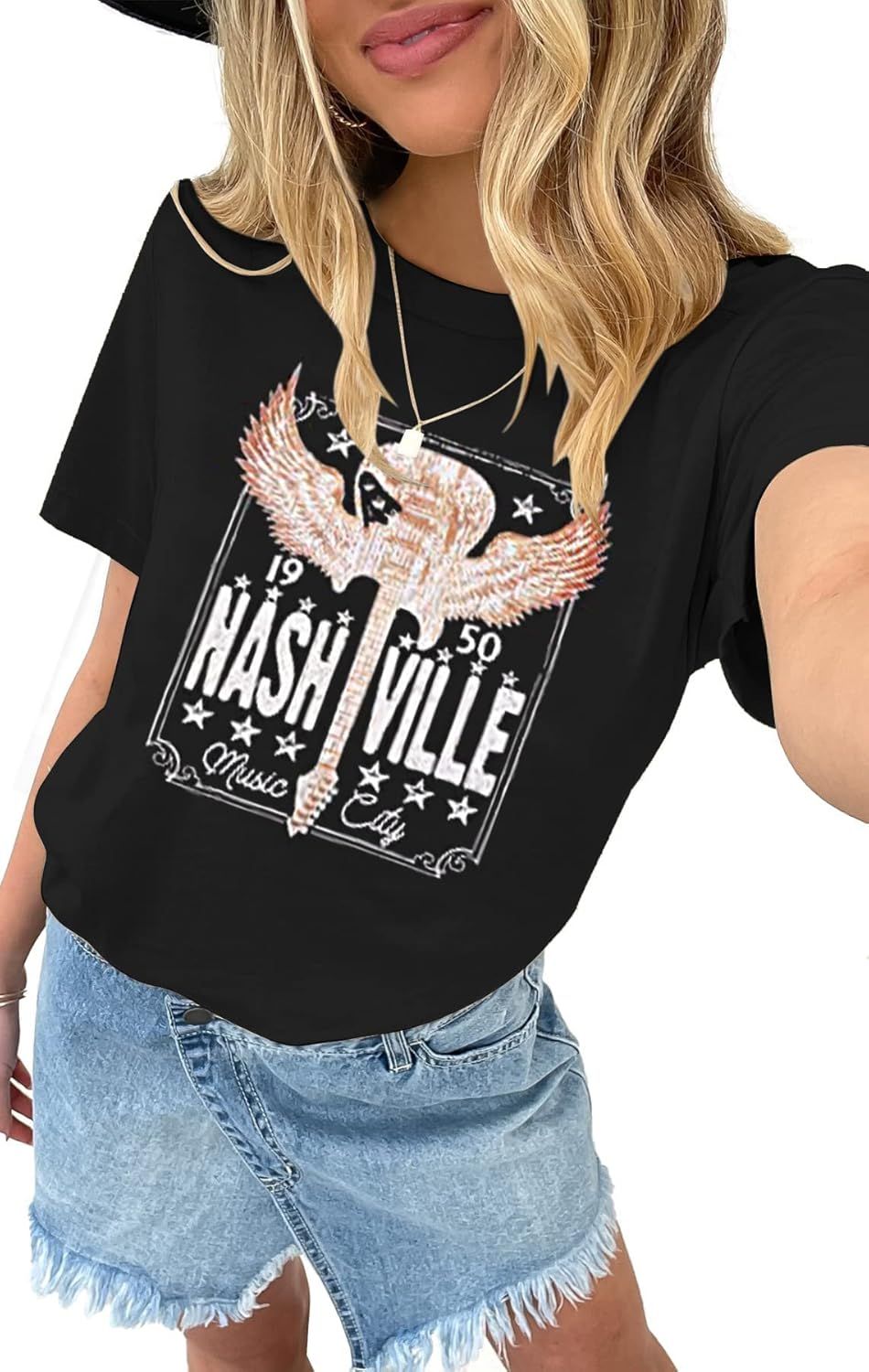 MOUSYA Women Nashville Music City Shirt Country Music Bleached Tshirt Vintage Guitar Wings Graphi... | Amazon (US)