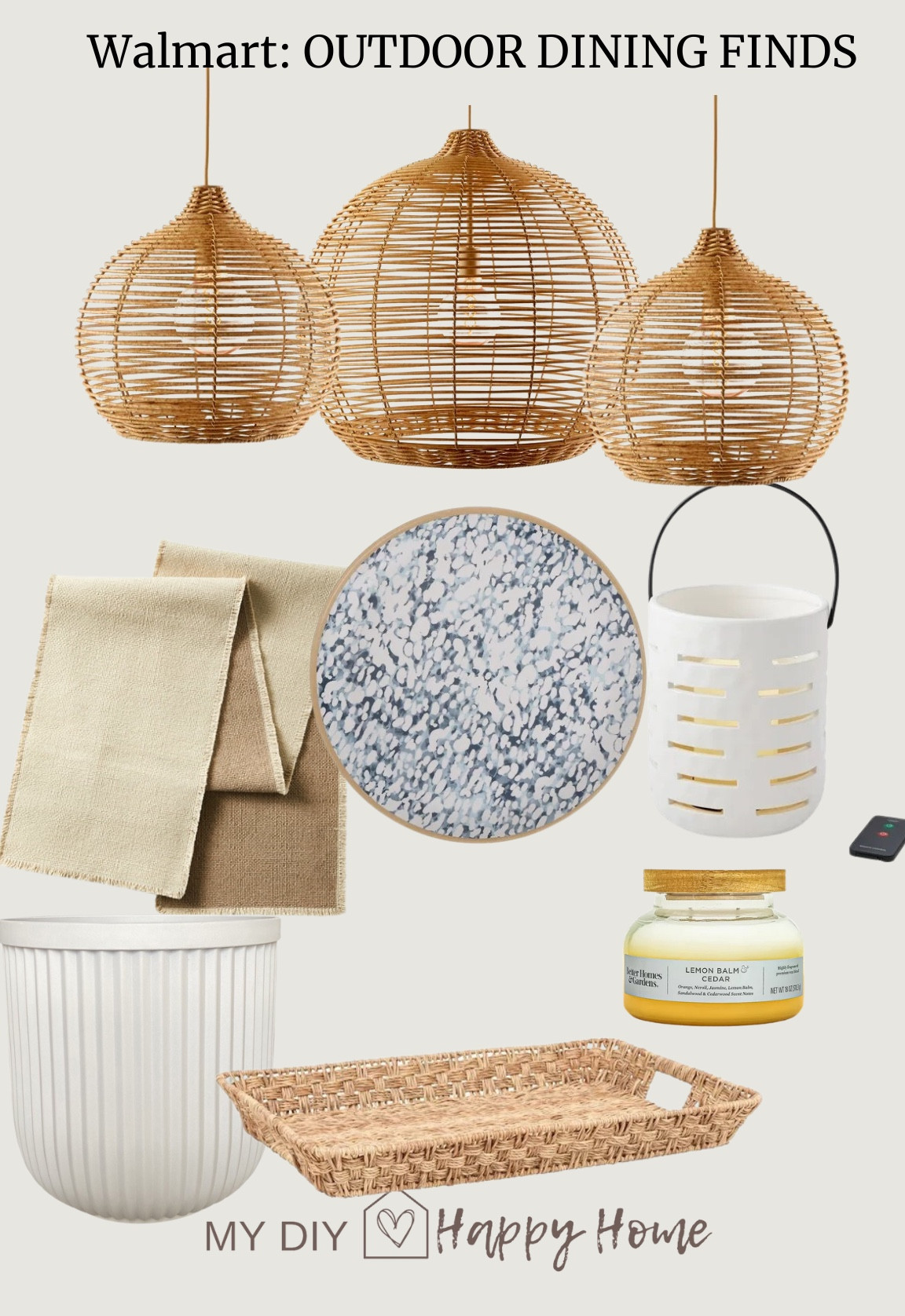 My recent purchases for my outdoor dining & living space … I found them all at Walmart.

•Outdoor battery operated pendant
Lights 
•melamine plates 
•neutral table runner 
•battery & remote lanterns with candles 
•candle that smells like the Anthro volcano 
•woven serving tray 
•white fluted planter 

#LTKSeasonal #LTKhome #LTKFind