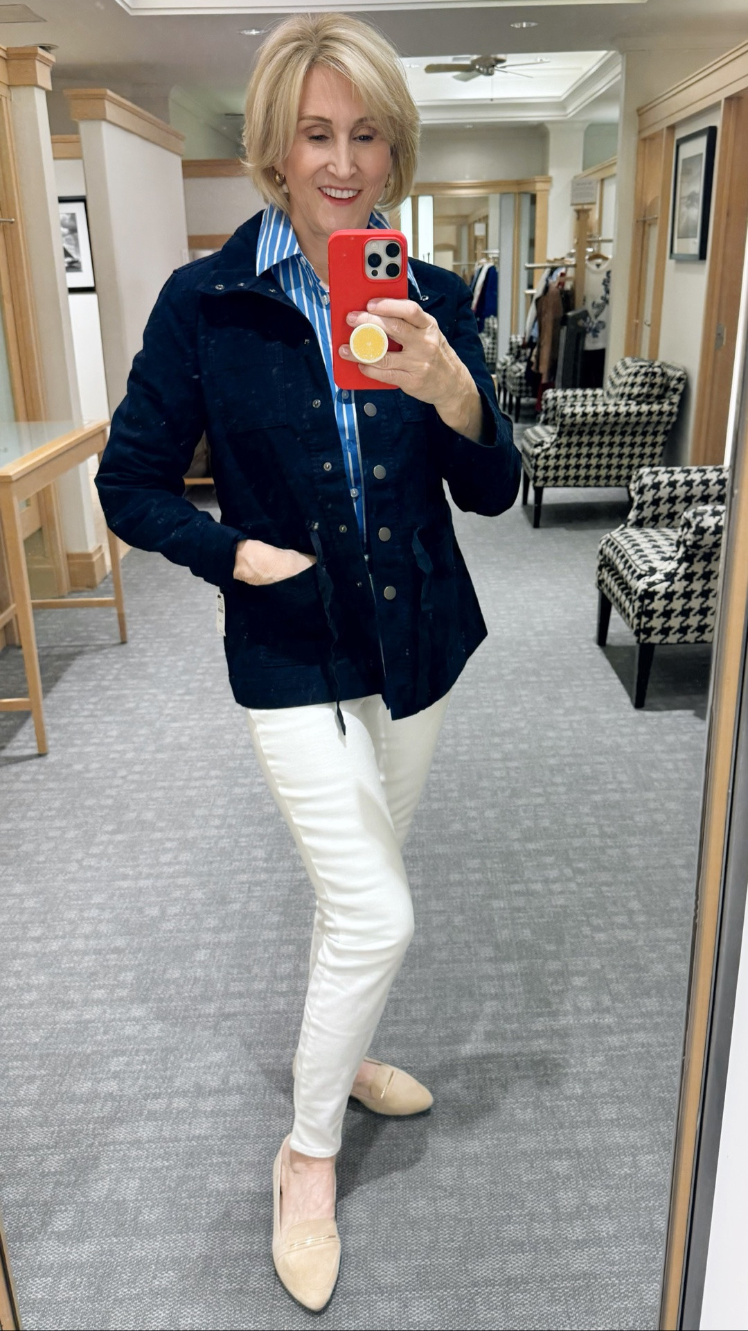 A striped collared shirt, white pants, and ballet flats is one of those combinations that always feels classic 🤍✨ Added a utility jacket for an easy layered look that’s polished but still relaxed enough for everyday wear. Simple outfits like this are always the ones I reach for most.

#LTKootd #LTKSeasonal #LTKOver40