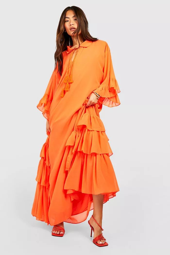 Ruffle Detail Smock Maxi Dress | boohoo (US & Canada)