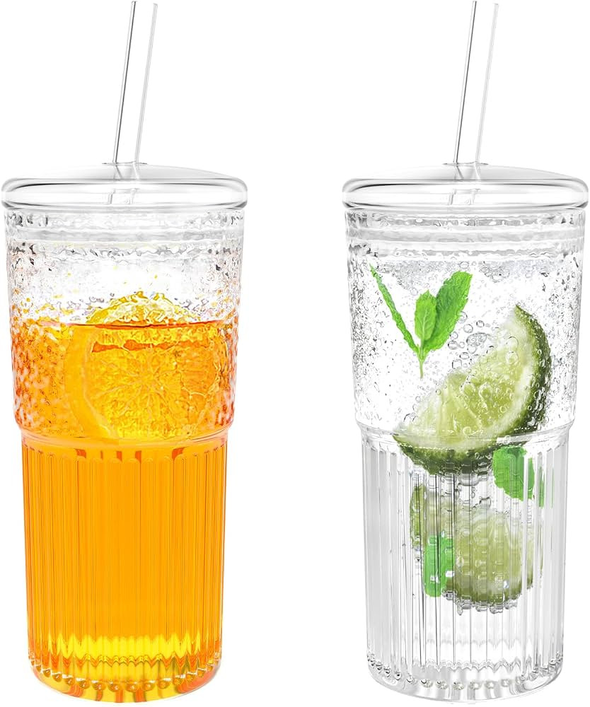 HAILIWEI 20 oz Glass Tumblers with Lids, Smoothie Cup, Iced Coffee Cups 2-Piece Set, Glass Cups W... | Amazon (US)