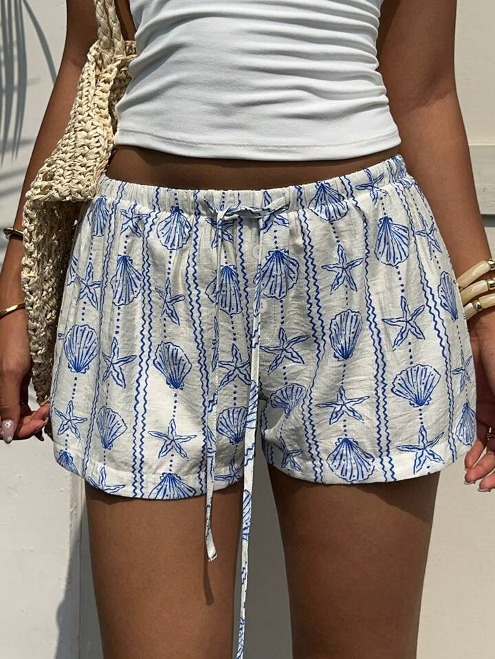 Aloruh Women's Summer Beach Ocean Shell & Starfish Print Blue Striped Button Waist Tie Shorts,Comfy Shorts | SHEIN