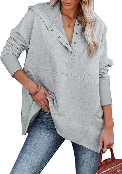 Queen Vogue Women Casual Button V Neck Hoodies Oversized Pullover Sweatshirt Hooded Tops with Poc... | Amazon (US)