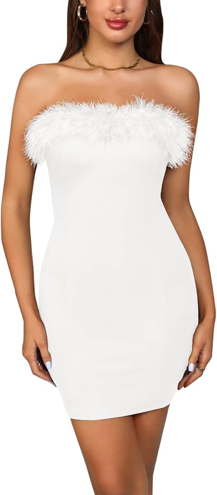 AISWI Women's 2023 Feather Tube Dress Bodycon Mini Midi Cocktail Evening Party Club Dress | Amazon (US)