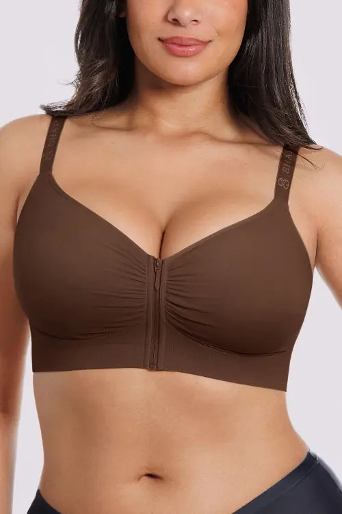 Shapellx Skin Flow Seamless Front-Zip Wireless Bra in Brown at Nordstrom, Size Medium | Nordstrom