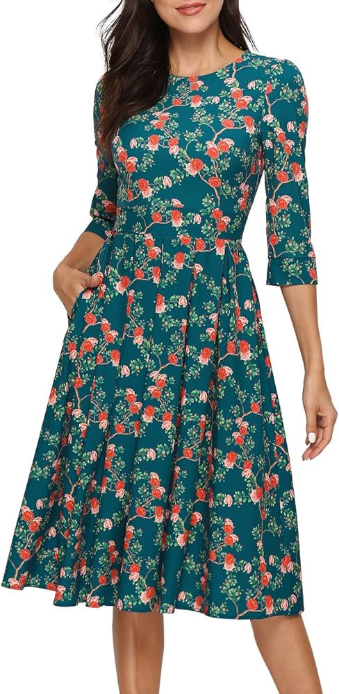 Simple Flavor Women's Floral Vintage Dress Elegant Midi Evening Dress 3/4 Sleeves | Amazon (US)