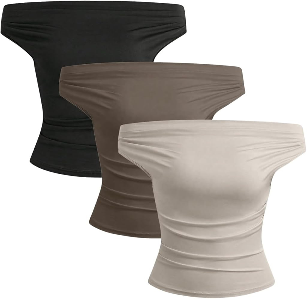 SOLY HUX Women's 3 Piece T Shirt Off the Shoulder Ruched Tee Short Sleeve Fitted Summer Tops | Amazon (US)