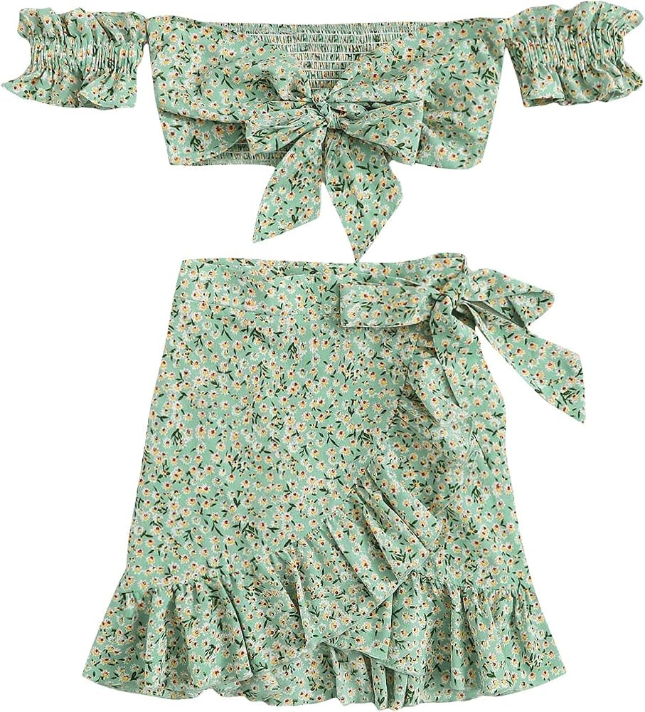 MakeMeChic Women's Two Piece Floral Knot Shirred Back Cami Crop Top and Ruffle Wrap Skirt Set | Amazon (US)