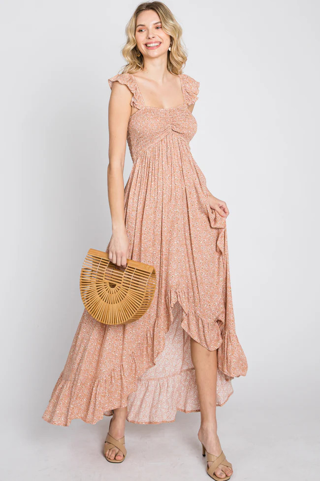 Peach Floral Smocked Hi-Low Maxi Dress | PinkBlush Maternity