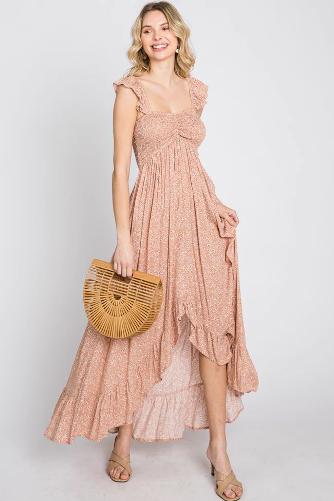 Peach Floral Smocked Hi-Low Maxi Dress | PinkBlush Maternity