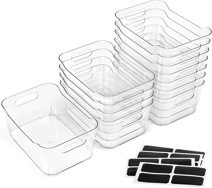 12 PACK Multiuse Clear Plastic Storage Bins for Organizing w/ Labels - Home, Kitchen, Bathroom, O... | Amazon (US)