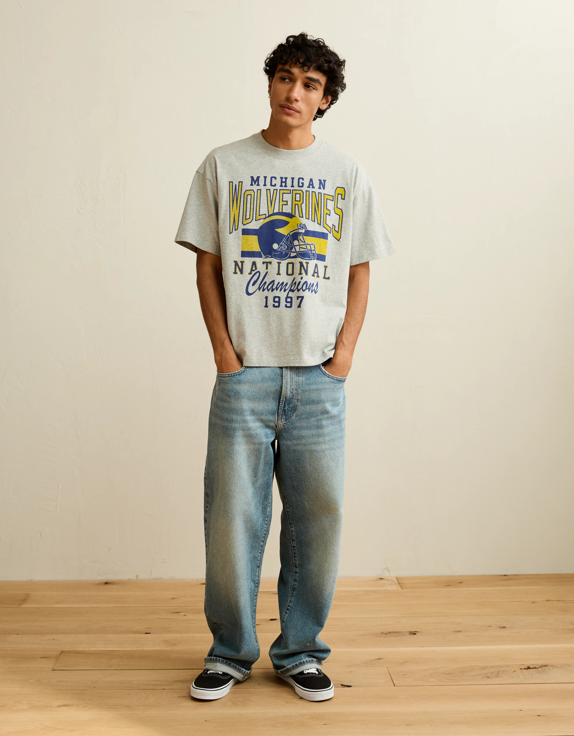 AE Boxy Fit Michigan Wolverines Graphic T-Shirt | American Eagle Outfitters (US & CA)