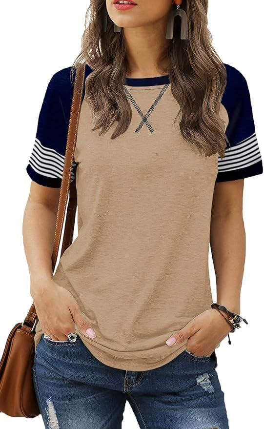 Sieanear Womens T Shirts Short Sleeve Striped Color Block Leopard Casual Tops | Amazon (US)