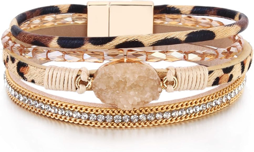 FANCY SHINY Leather Wrap Bracelet Boho Cuff Bracelets Crystal Bead Bracelet with Magnetic Clasp f... | Amazon (US)