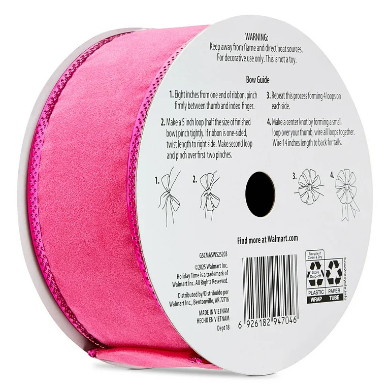 Pink Velvet Christmas Ribbon, 2" x 30', by Holiday Time | Walmart (US)