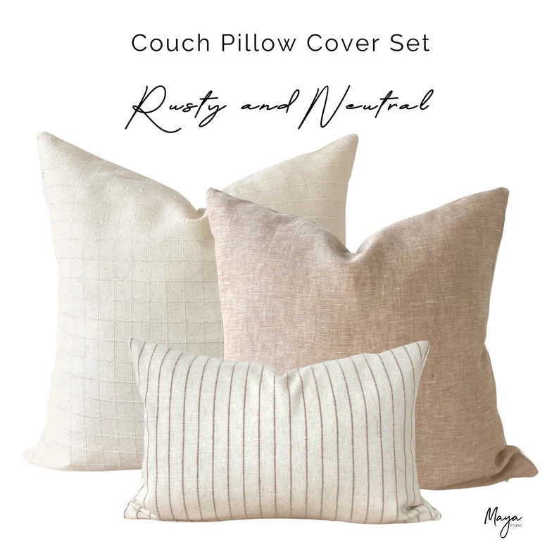 Neutral Throw Pillow Cover Set, Natural Linen Pillows, Textured Cream Plaid Pillow, Rusty Beige S... | Etsy (US)