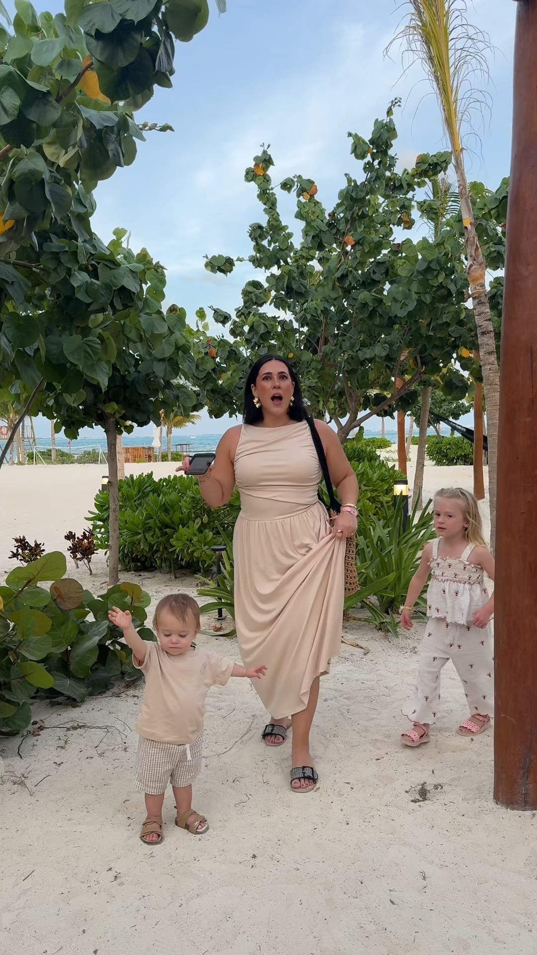 Getting ready with kids be like. But why does there have to be broken glass??? Amazon dress is a size L! Stretchy, flowy, flattering, double lined, great quality. Perfect little resort wear outfit, mom style, midsize, event dress, bridal vibes. 

#LTKWatchNow #LTKStyleTip #LTKMidsize