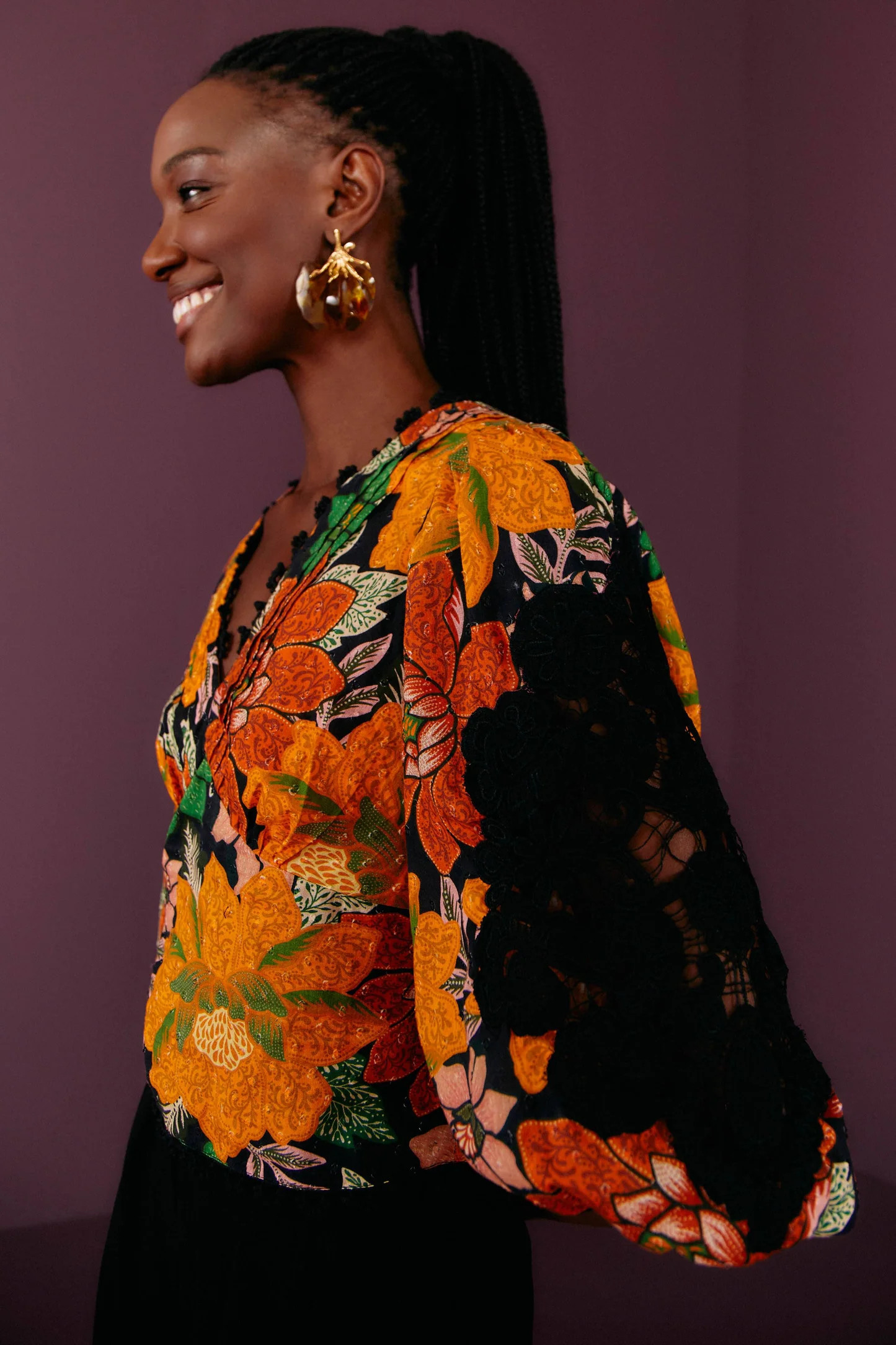 Black Garden Puff Sleeve Blouse | FarmRio (US)