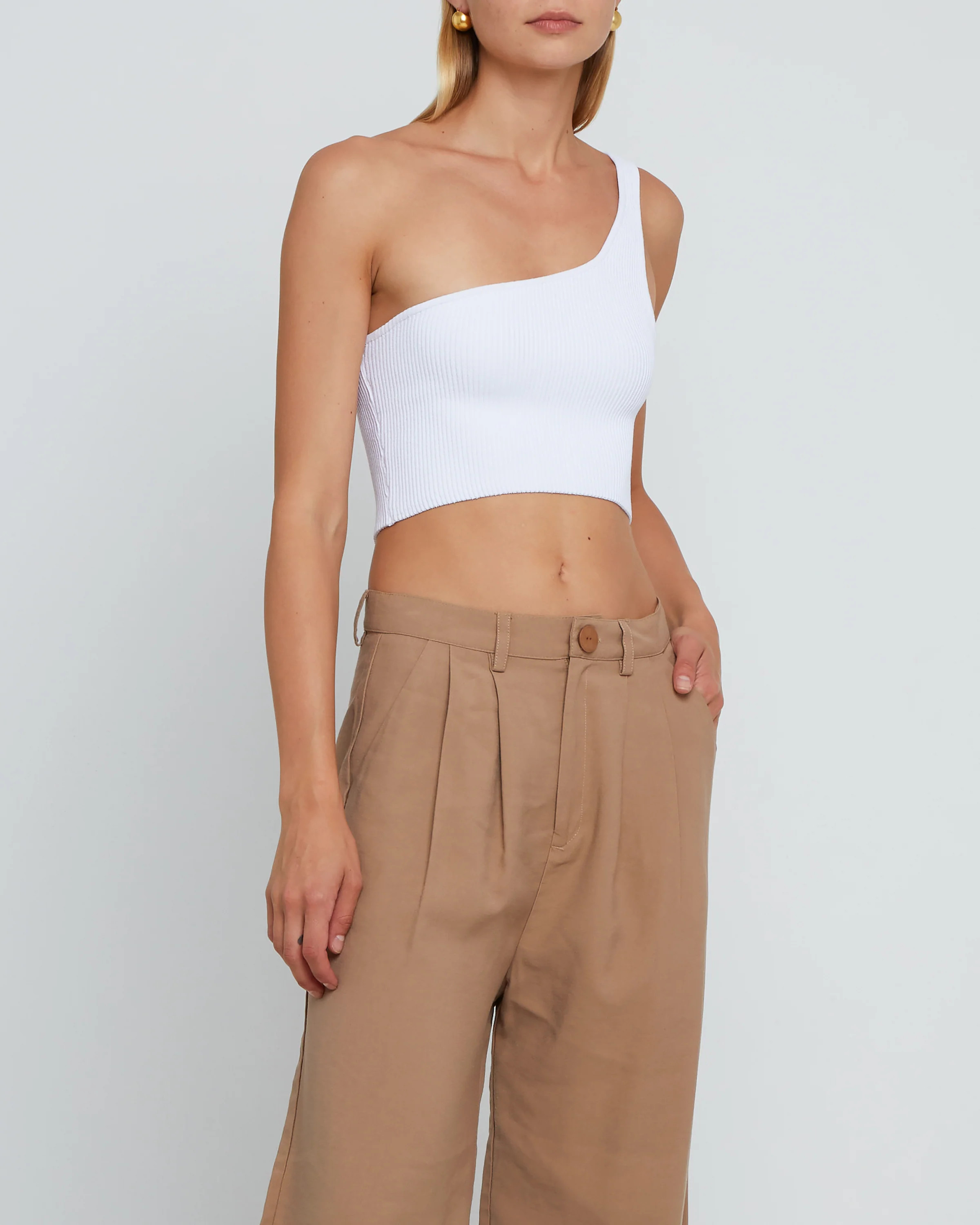 Sculpting Knit One-Shoulder Cropped Tank WHITE / XS | Few Moda