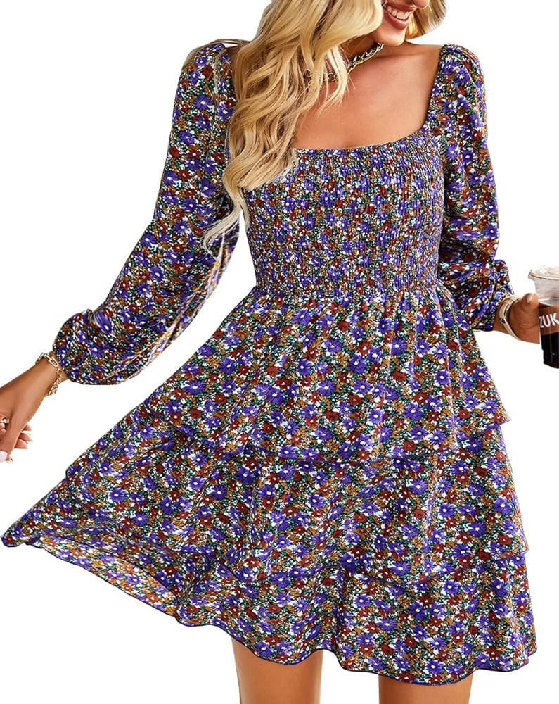 BTFBM Women 2023 Spring Summer Square Neck Smocked Dresses Long Sleeve Floral Swiss Dot Ruffle Pa... | Amazon (US)