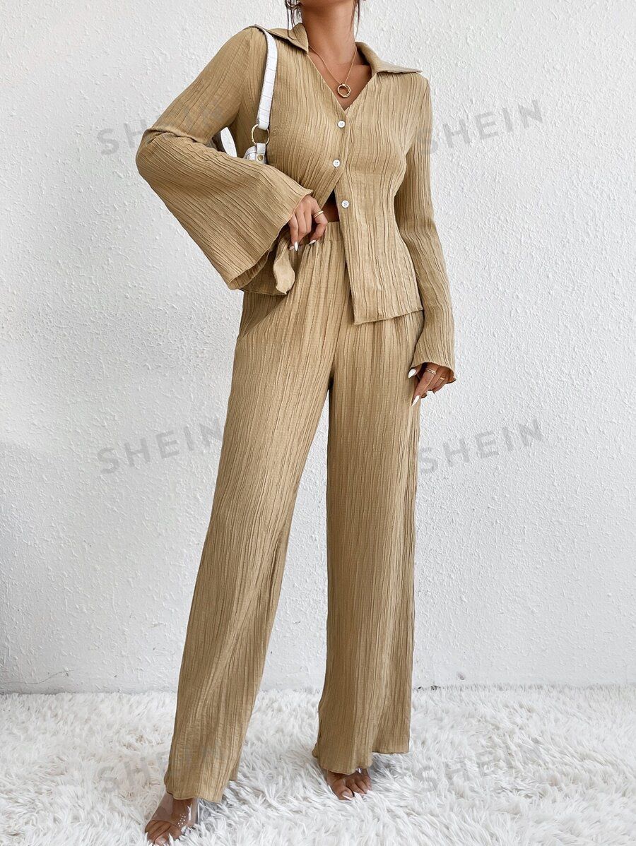 SHEIN Essnce Bell Sleeve Plisse Shirt & Wide Leg Pants | SHEIN