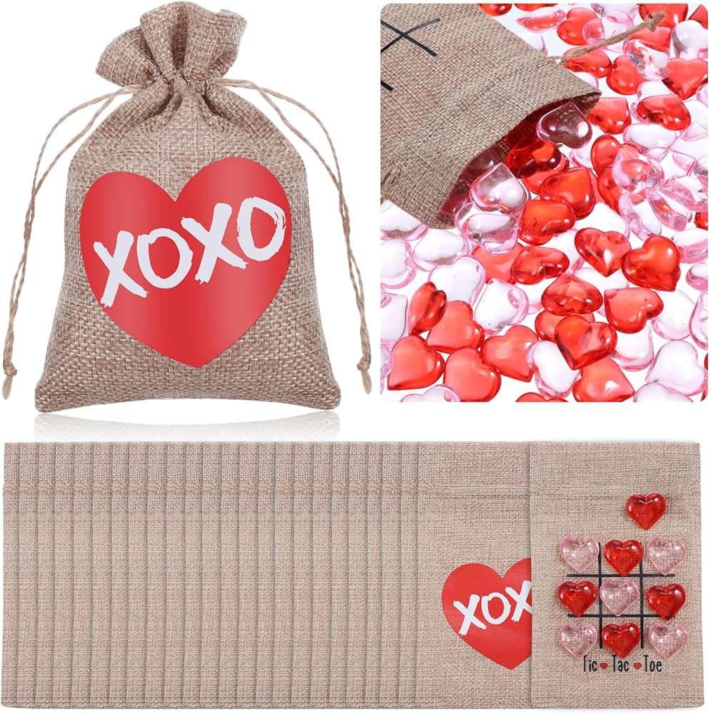 Woanger 24 Pcs Valentine Tic Tac Toe Bag 4 x 6" Linen Storage Bag with 300 Pink Red Acrylic Heart... | Amazon (US)