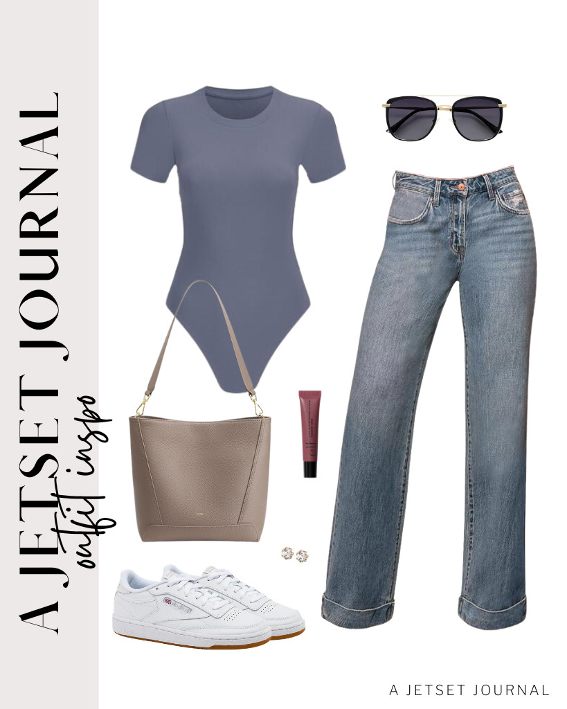 This outfit combines a simple crewneck bodysuit and relaxed jeans for a chic look. This Kattee leather purse and Reebok tennis shoes add a clean look. Complete the fit with retro sunnies and stud earrings.

#LTKSeasonal #LTKSaleAlert #LTKTravel 

 