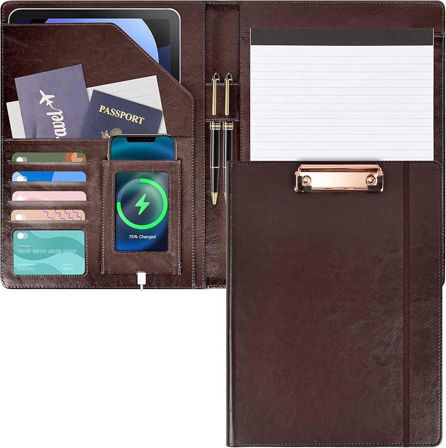 Leather Portfolios for Men Clip Boards 8.5x11 with Storage Dark Brown Leather Binder Folders | Amazon (US)