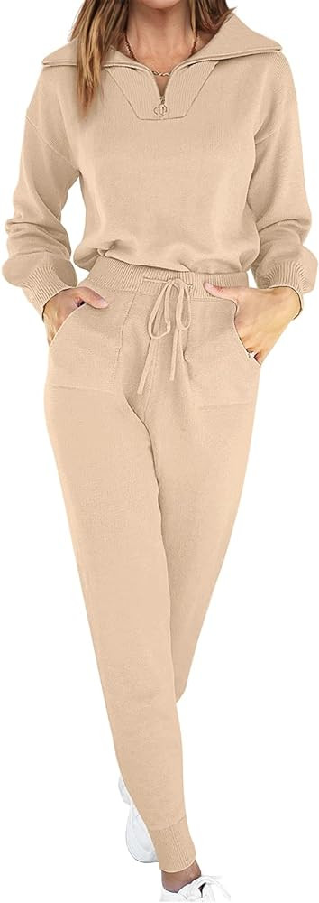 ANRABESS Women's Two Piece Outfits Sweater Sets Long Sleeve Zip Up Knit Pullover Jogger Pants Tra... | Amazon (US)