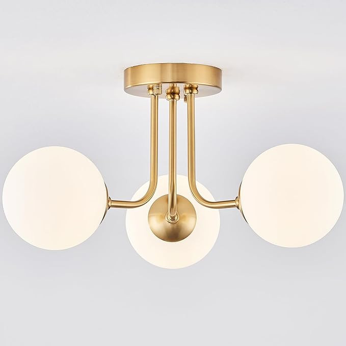 Modern Semi Flush Mount Ceiling Light,Globe Milk Glass Shade Brushed Brass Finish Ceiling Light 3... | Amazon (US)