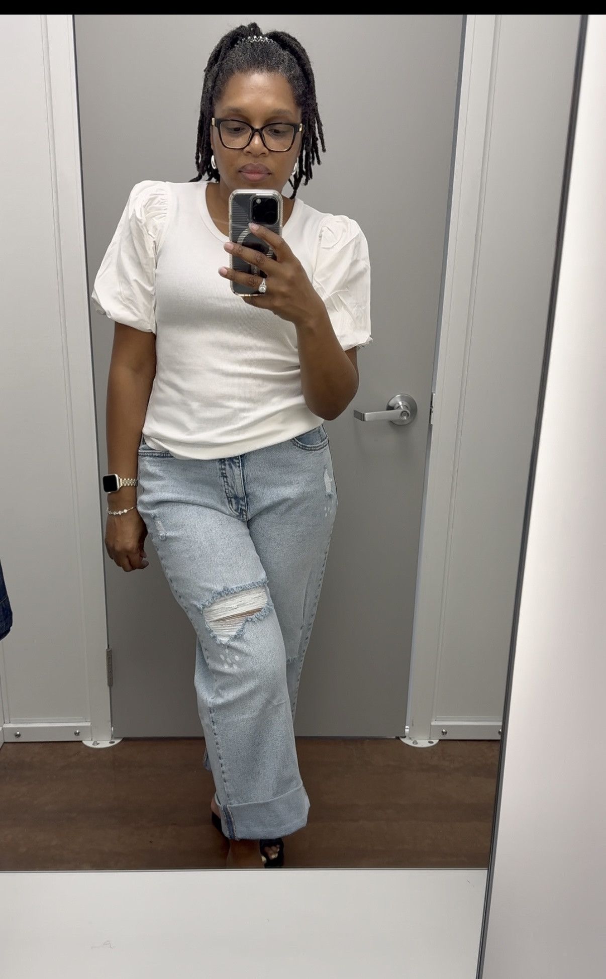 Soft and comfortable boyfriend jeans in size 10 by Jessica Simpson with a simple puff sleeve shirt in M.  Easy fall outfit.

#LTKFindsUnder50