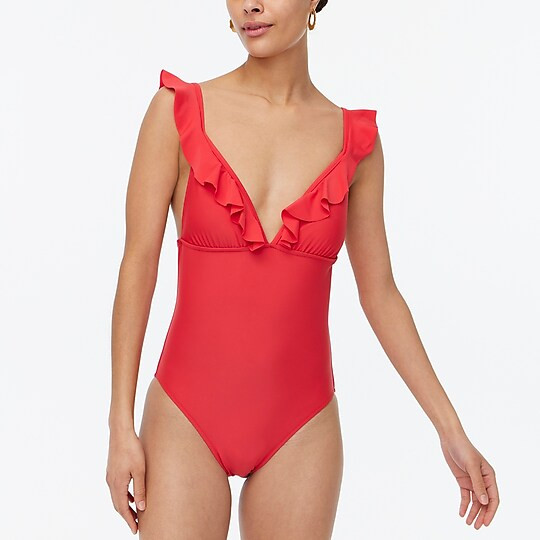 Ruffle-shoulder V-neck one-piece swimsuit | J.Crew Factory