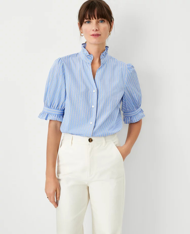 Stripe Ruffle Button Top | Ann Taylor (US)