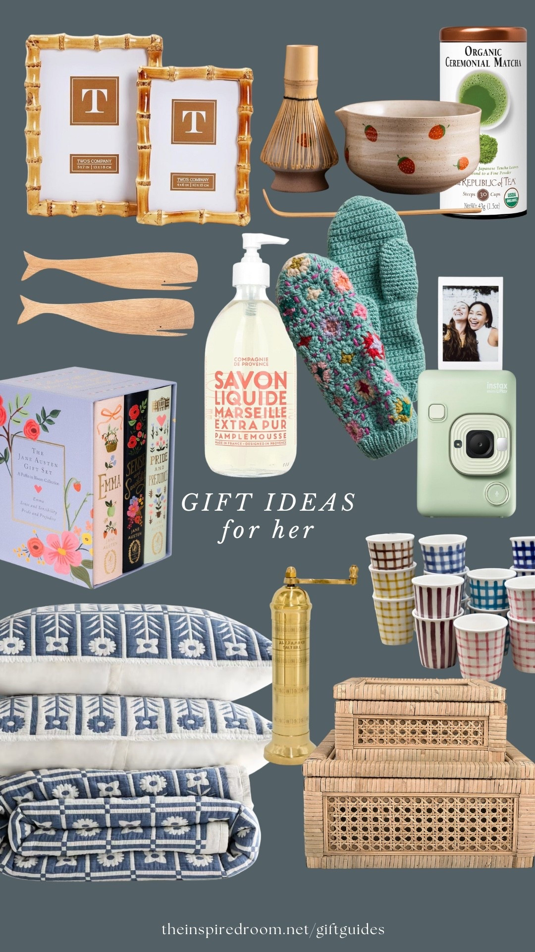 Gift ideas for her - matcha set, bamboo frames, mittens, glass bottle hand soap, whale tale serving spoons, Jane Austen classic book set, digital Polaroid camera, quilt, cane boxes, salt or pepper mill, ceramic “dixie” cups 

#LTKGiftGuide #LTKSaleAlert #LTKHome