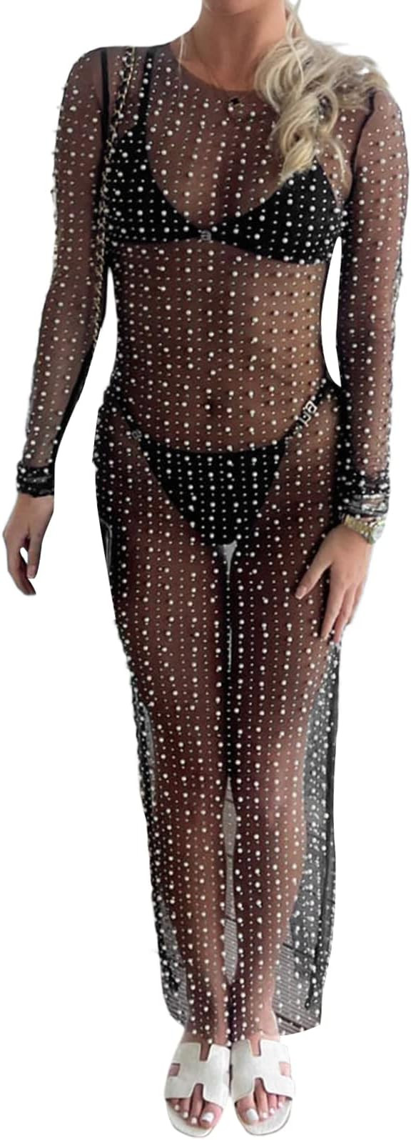 Women's Pearl Rhinestone Cover Up Dress See Through Sheer Long Maxi Dresses Beach Swimwear Bikini... | Amazon (US)