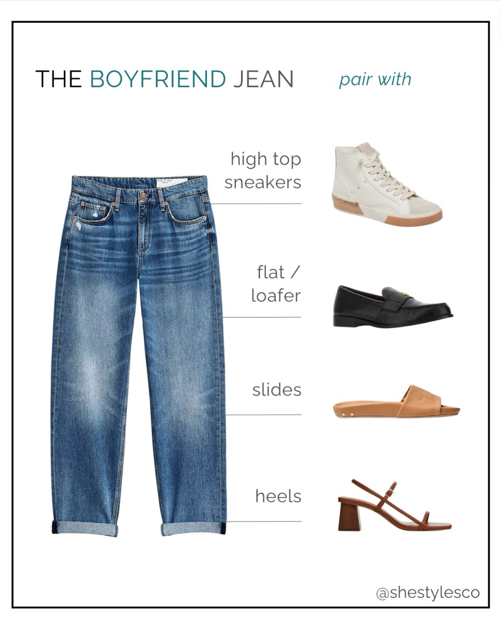 Pairing Guide: Jeans & Shoes👖
BOYFRIEND JEANS
High-top Sneakers
Flats / Loafers
Slides
Heels

Spring style. Spring outfit. Boyfriend jeans. Ankle jeans. Spring fashion. Outfit idea. Jeans outfit.

#LTKstyletip