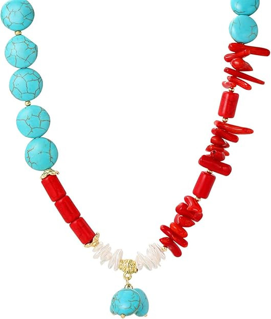 HETICA Turquoise Bead Necklace Suitable for Women Adjustable Bohemian Red Turquoise Shell Necklac... | Amazon (US)