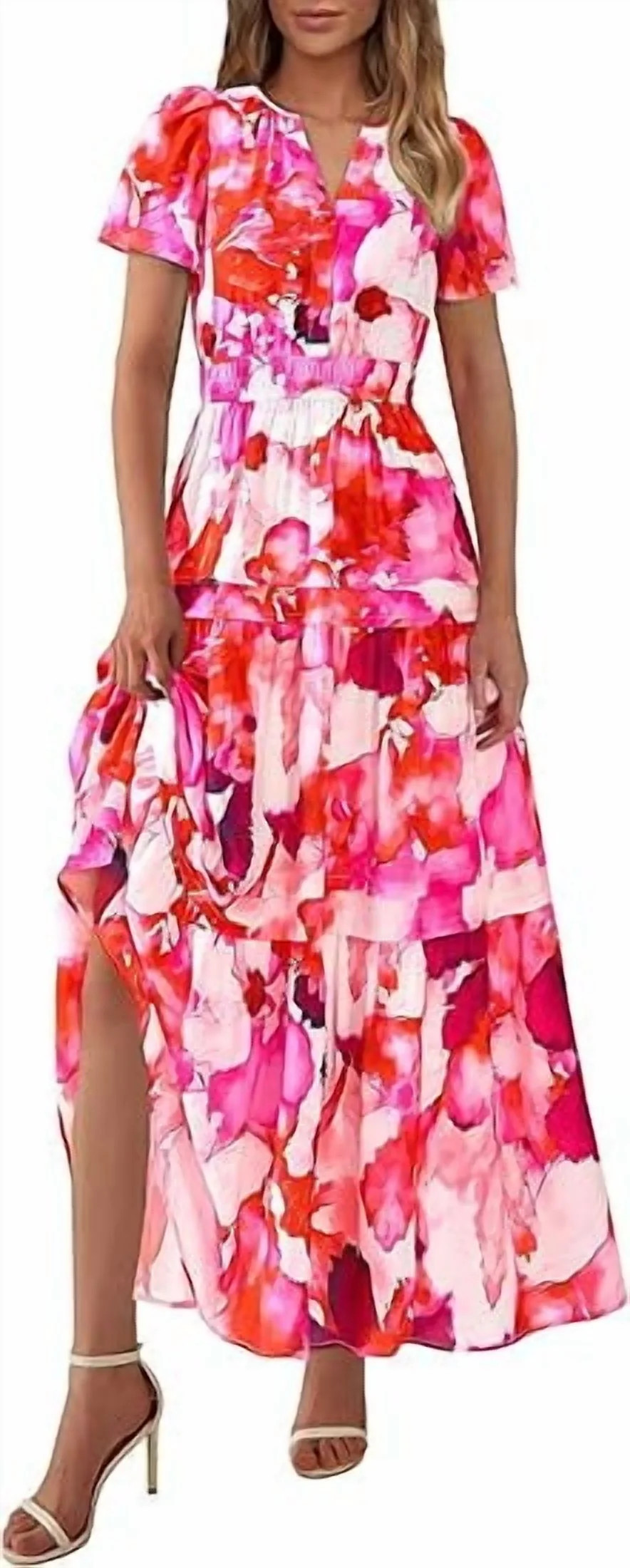 PRETTYGARDEN Women's Summer Boho Maxi Dresses Floral Short Sleeve V Neck A Line Tiered Flowy Long... | Walmart (US)