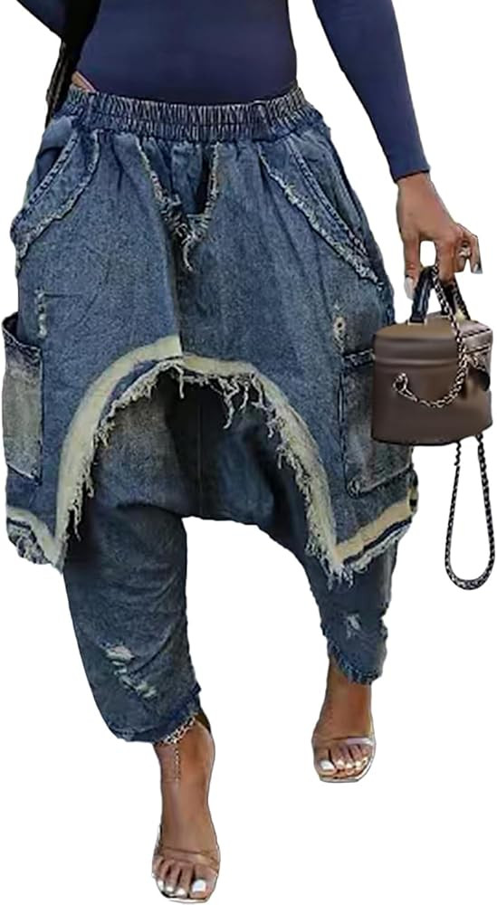Vakkest Women's Harem Denim Pants Elastic High Waist Raw Trim Hem Patchwork Boyfriend Wide Leg Je... | Amazon (US)