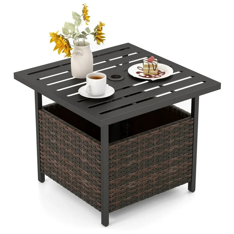 Costway Rattan Wicker Steel Side Table Outdoor Furniture Deck Garden Patio Pool Brown | Walmart (US)