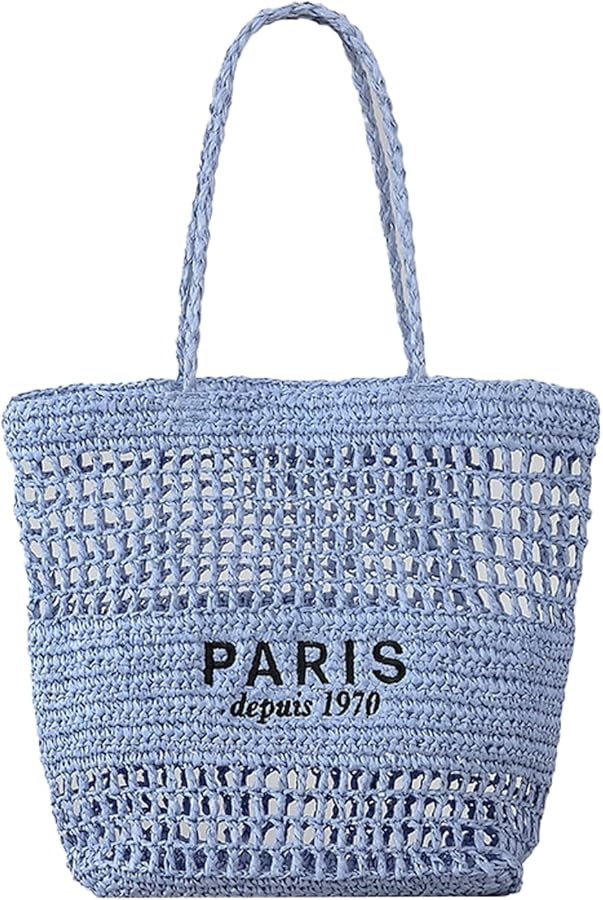 Straw Beach Bag Women PARIS Letter Woven Tote Shoulder Crochet Handbag Mesh Summer Vacation Picni... | Amazon (US)