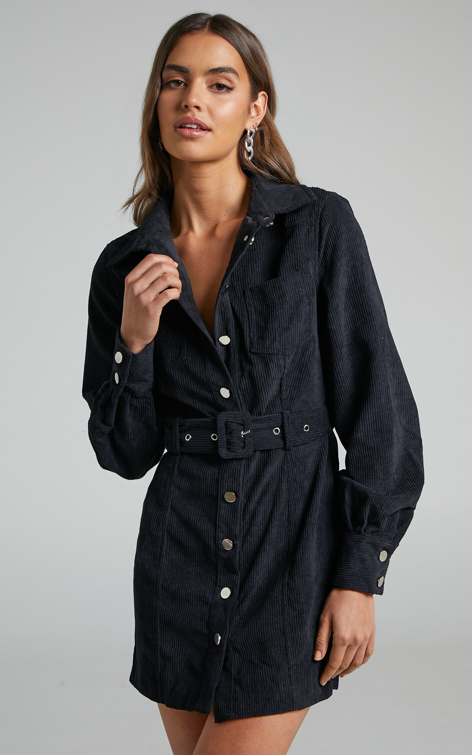 Lida Mini Dress - Long Sleeve Belted Corduroy Dress in Black | Showpo (ANZ)