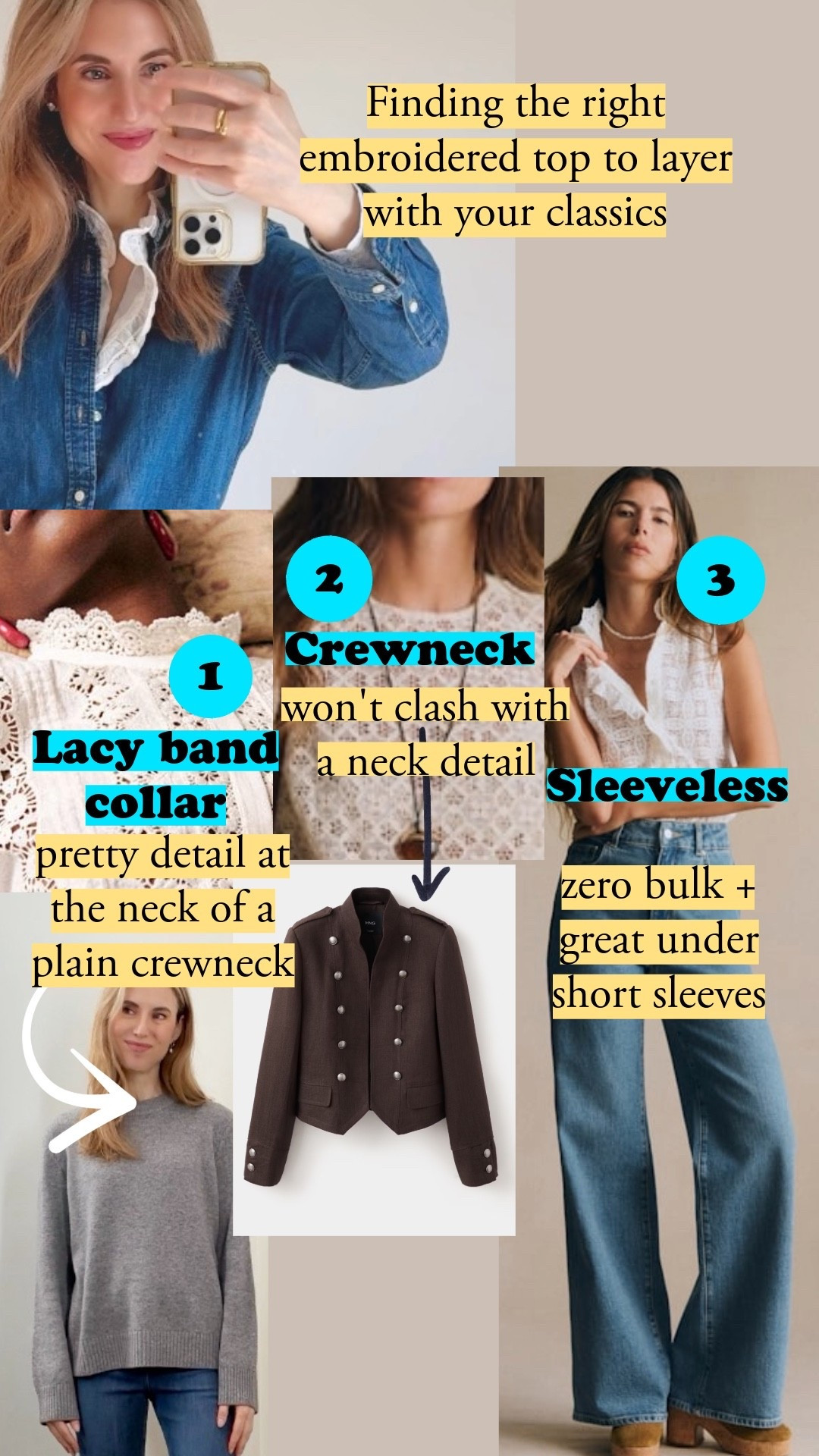 The trick with Sézane's embroidered tops is matching the neckline to what you're layering: a band collar peeks out under a plain crewneck, a crewneck neckline won't clash with a sculptural neck detail, and the sleeveless version adds zero bulk + opens up layering under short sleeves. The denim shirt and jeans here are the easy classics to build around. Sézane tops are TTS and fitted. I'm wear a US4, and I'm usually a size 2-4. Sézane embroidered top, lace blouse, eyelet top, band collar blouse, layering top, white lace shirt, romantic blouse, denim button up shirt, wide leg jeans, dark wash jeans, French girl style, fall layering, embroidered blouse outfit, classic wardrobe staples, AYR, Polo Ralph Lauren, Mango, Napoleon jacket, linen blazer, Quince, Uniqlo, J.Crew, Gap

#LTKootd